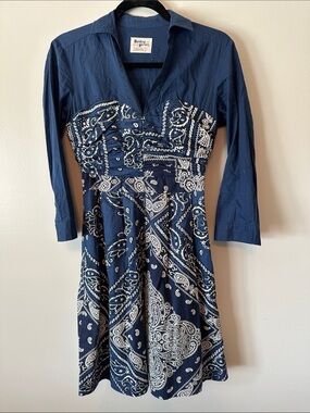HOLDING HORSES Navy & White Paisley Button-Front Fit-and-Flare Midi Dress